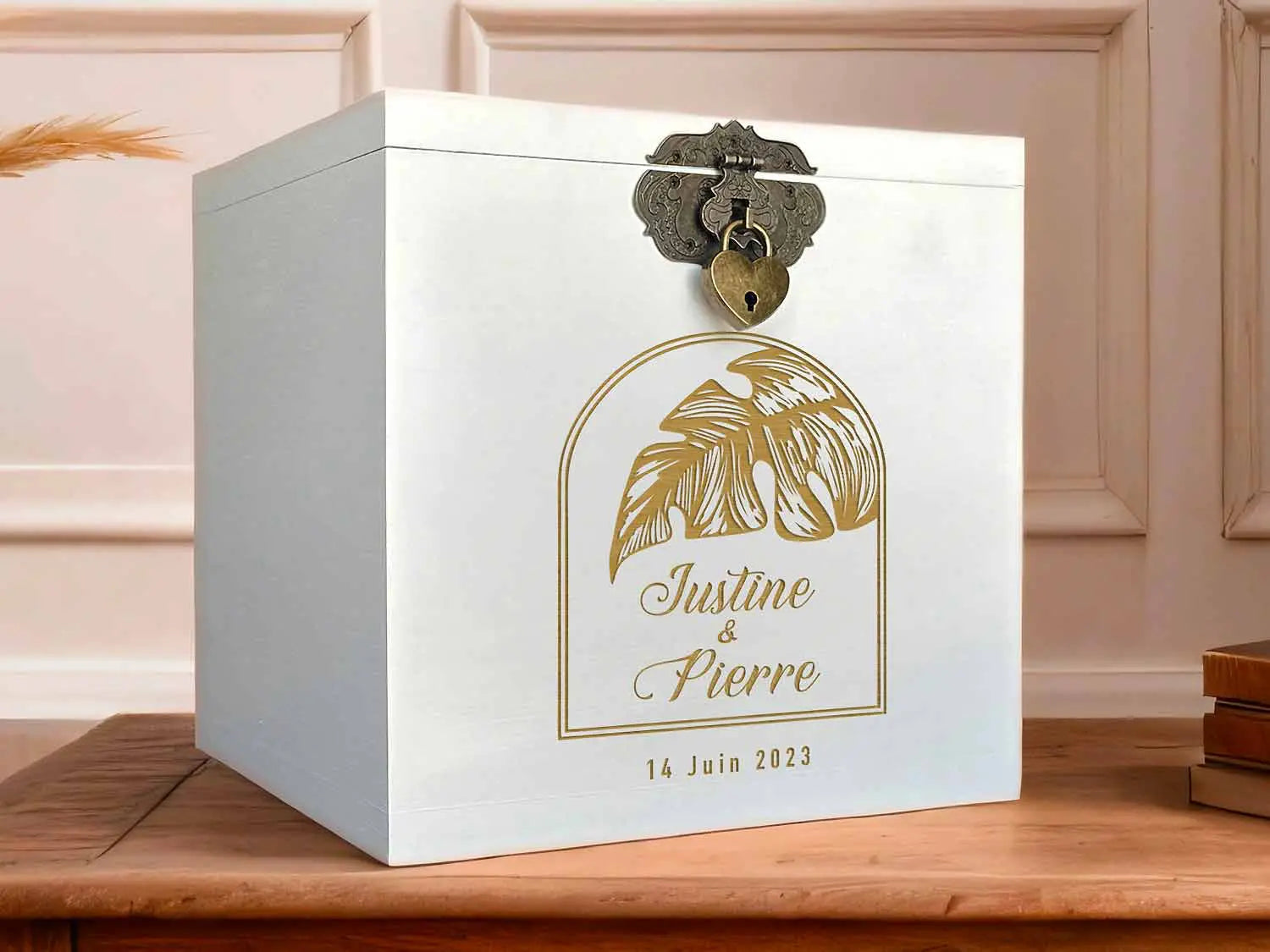 Urne mariage blanc - Palmier sous cloche