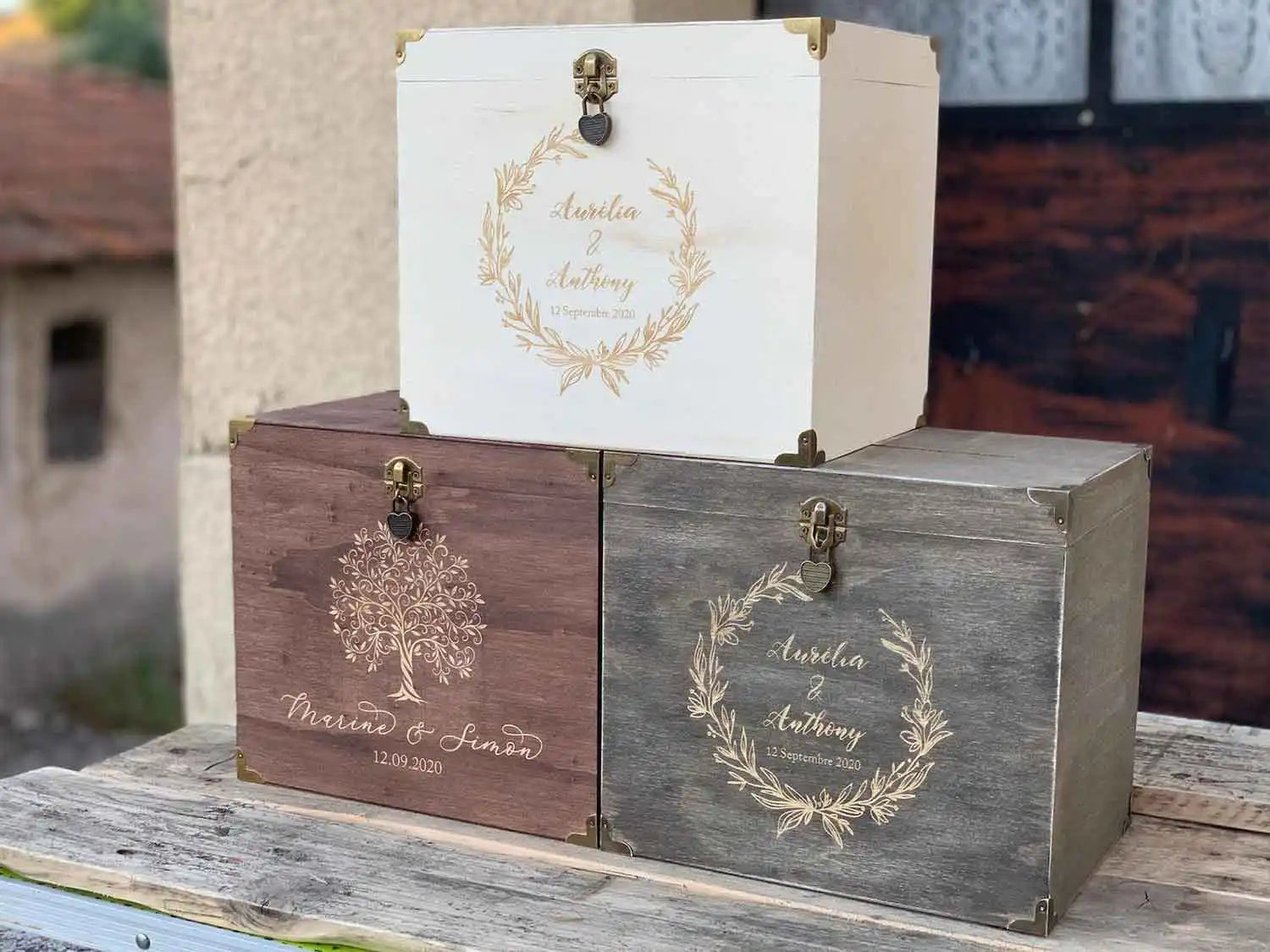 Urne mariage personnalisée, Peuplier, Couronne de laurier rose