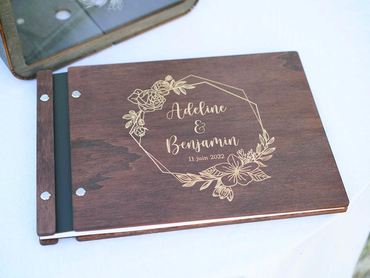 Livre d'or mariage en bois teinte noyer - hexagone en fleur