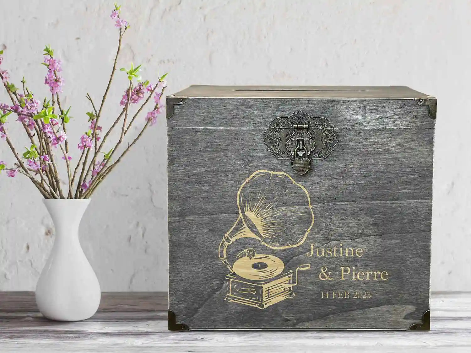 Urne mariage personnalisée gris rustique – Gramophone vintage