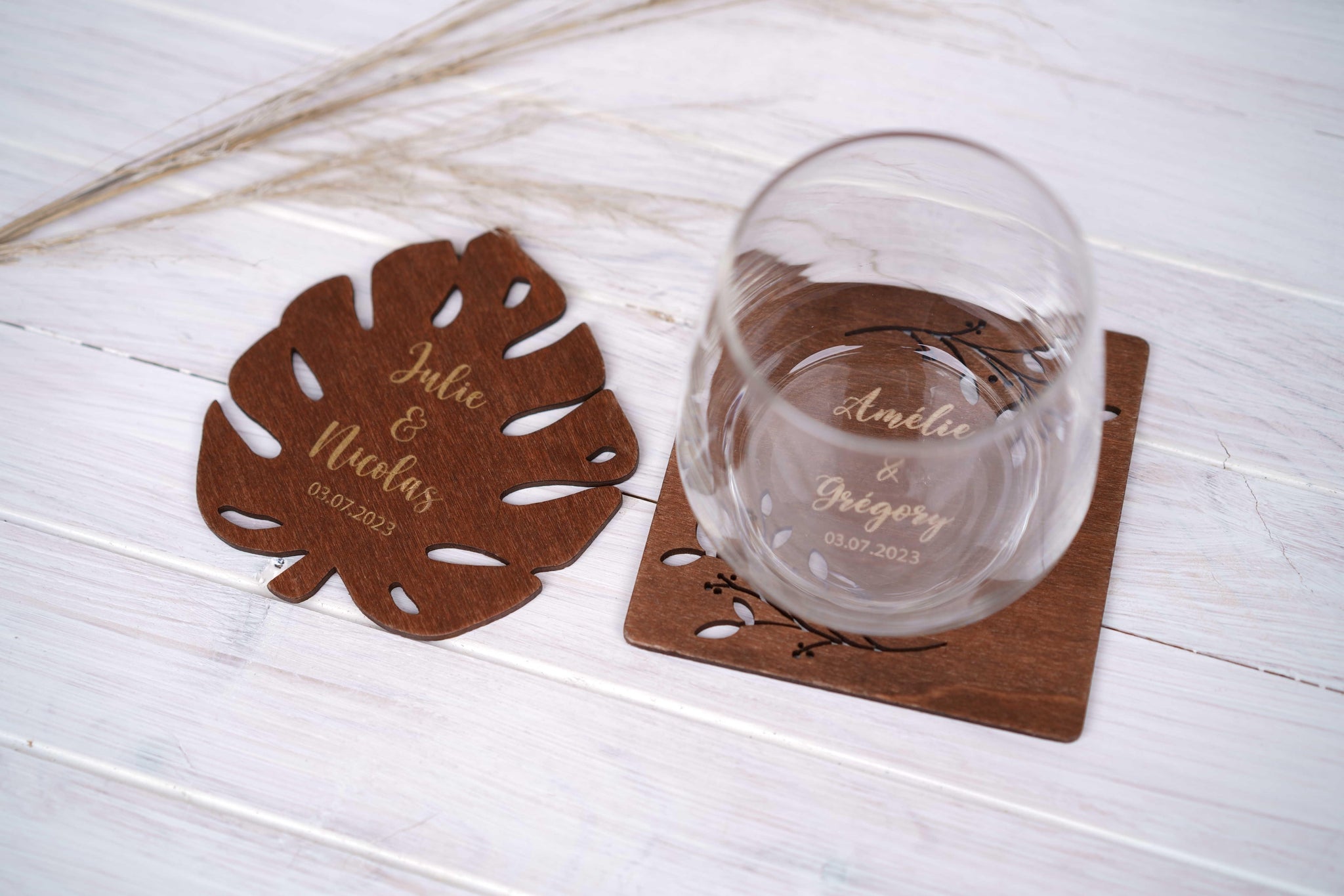 Faveur de mariage, Cadeau invité mariage, Sous verre personnalisé style carré et feuille