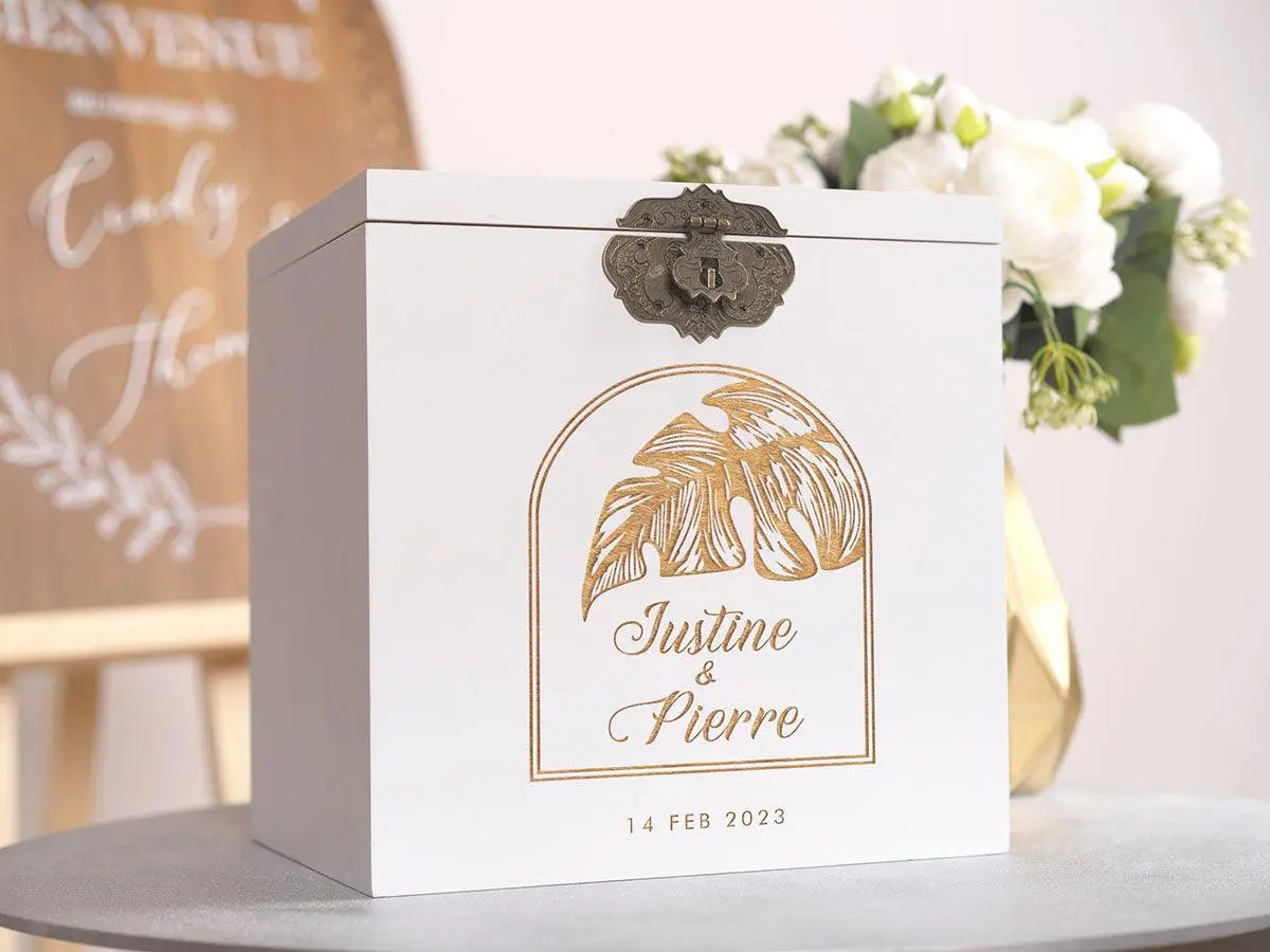 Urne mariage blanc - Palmier sous cloche