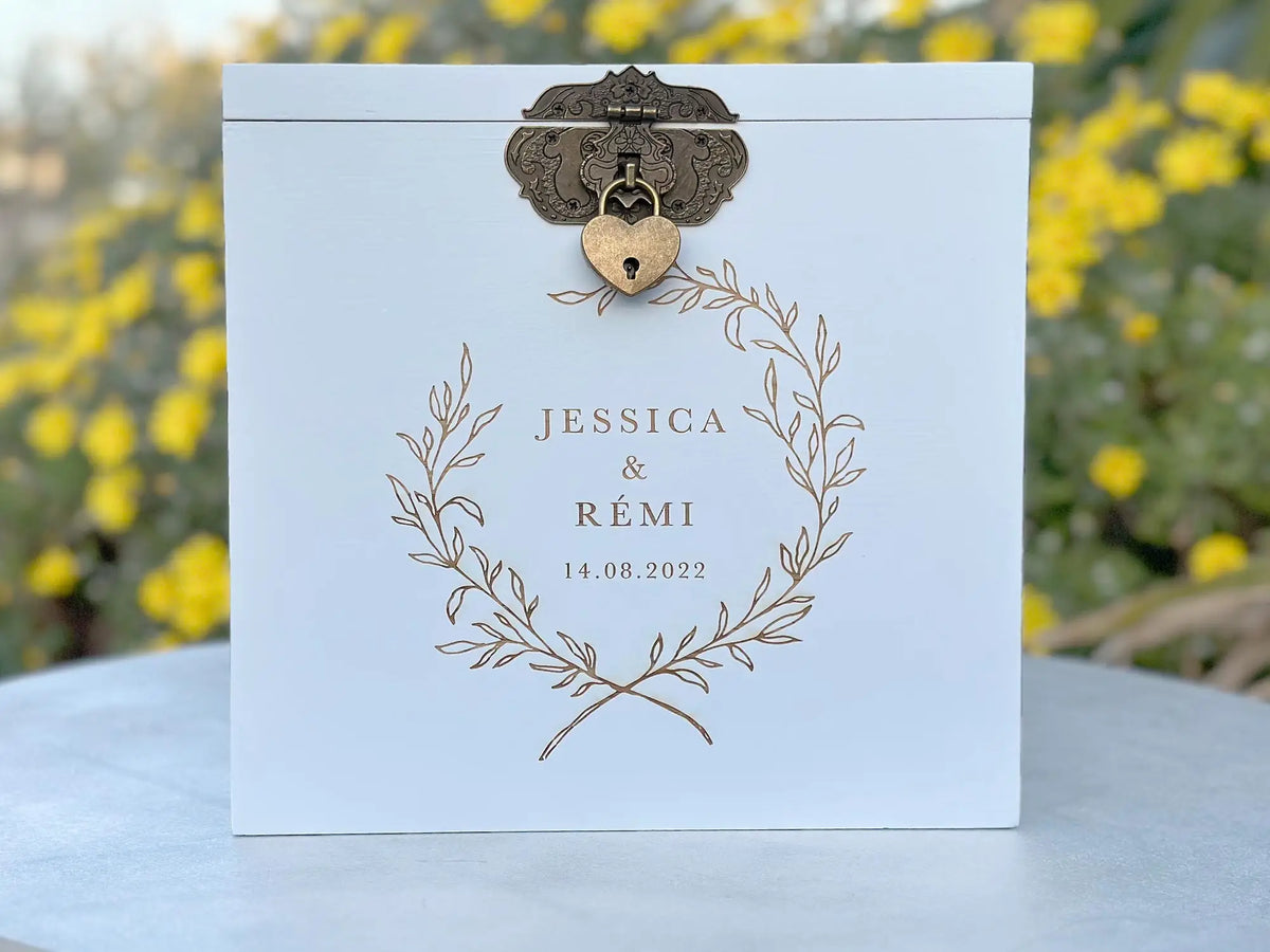 Urne mariage personnalisée blanc – Couronne de laurier