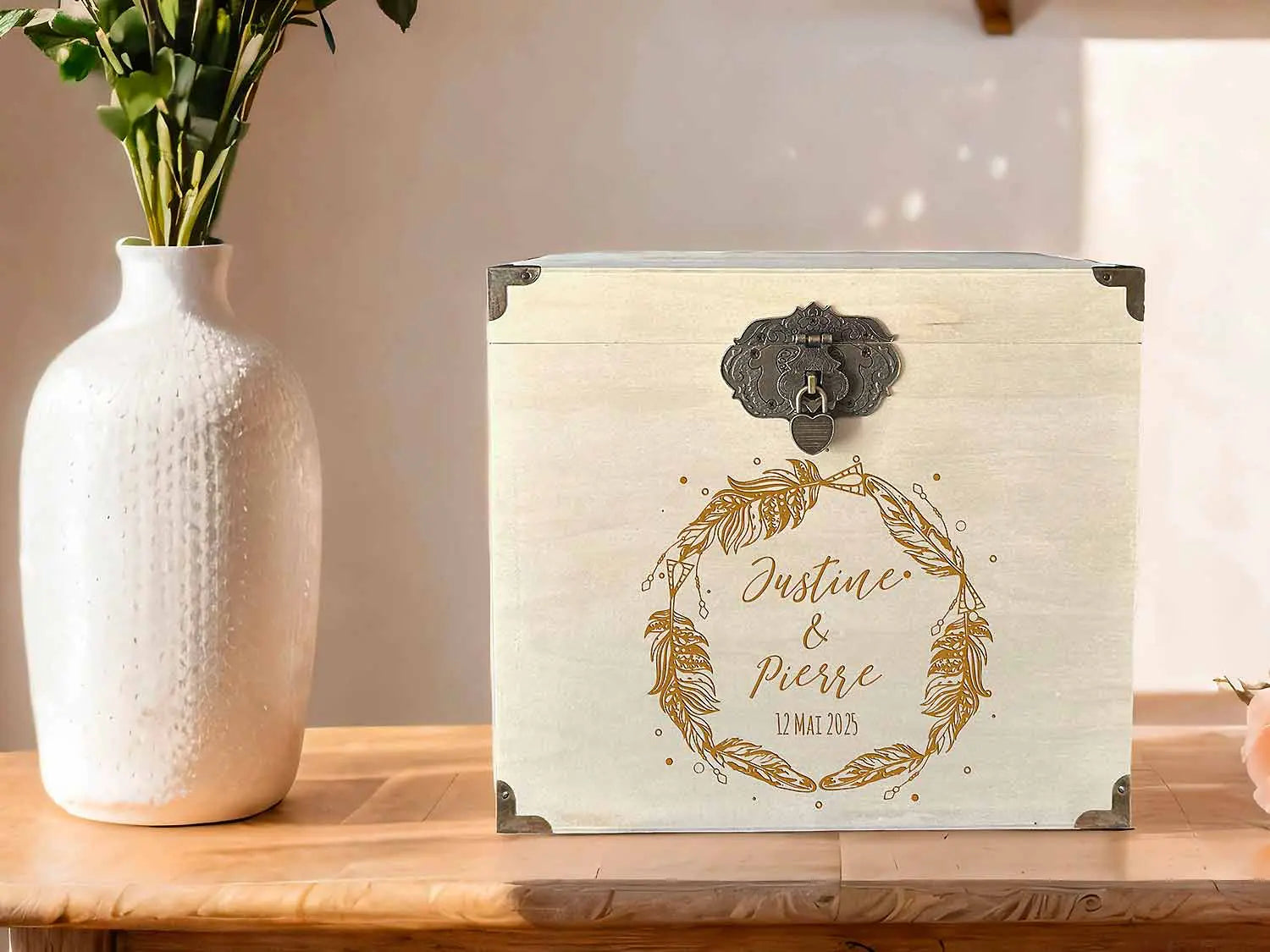 Urne mariage personnalisée peuplier – Plume bohème