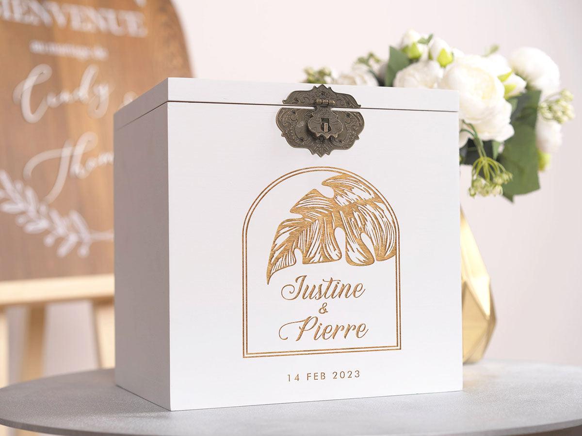 Urne mariage personnalisée, Blanc, Palmier sous cloche