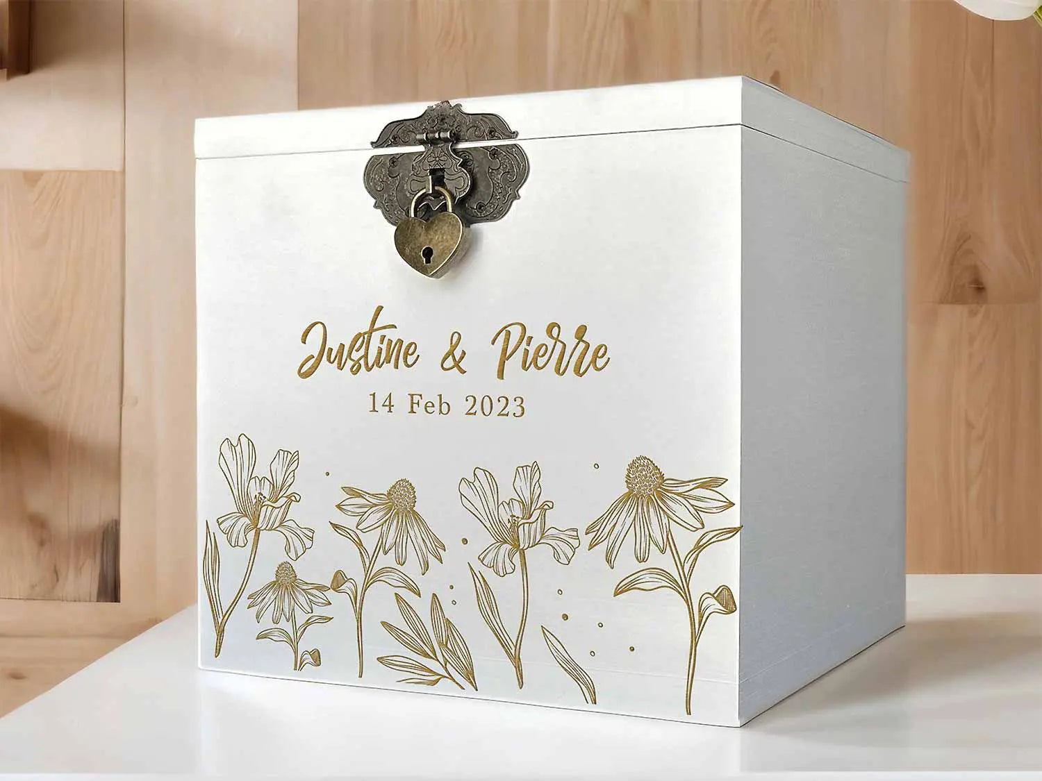Urne mariage personnalisée blanc – Fleur arnica