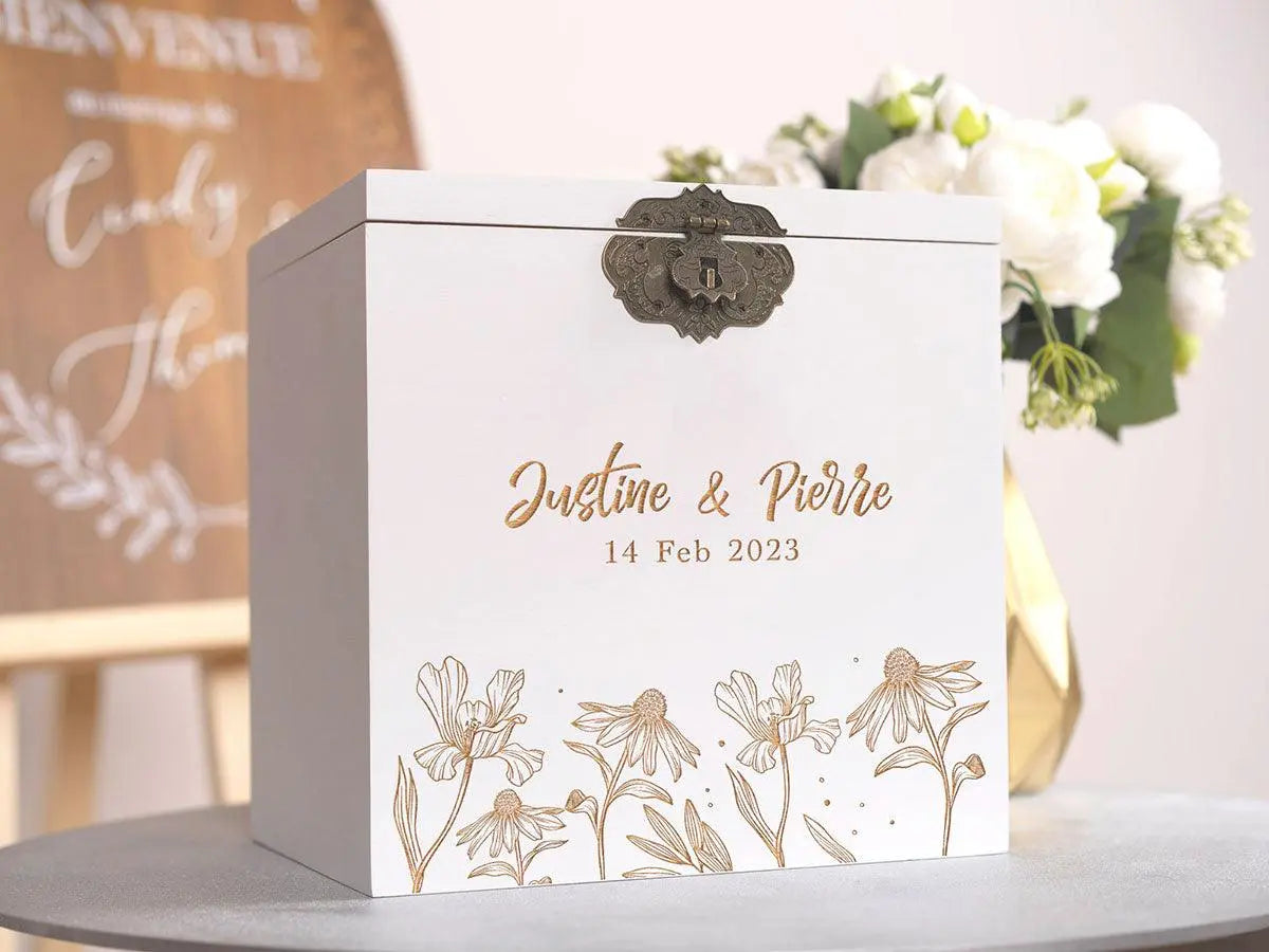 Urne mariage personnalisée blanc – Fleur arnica