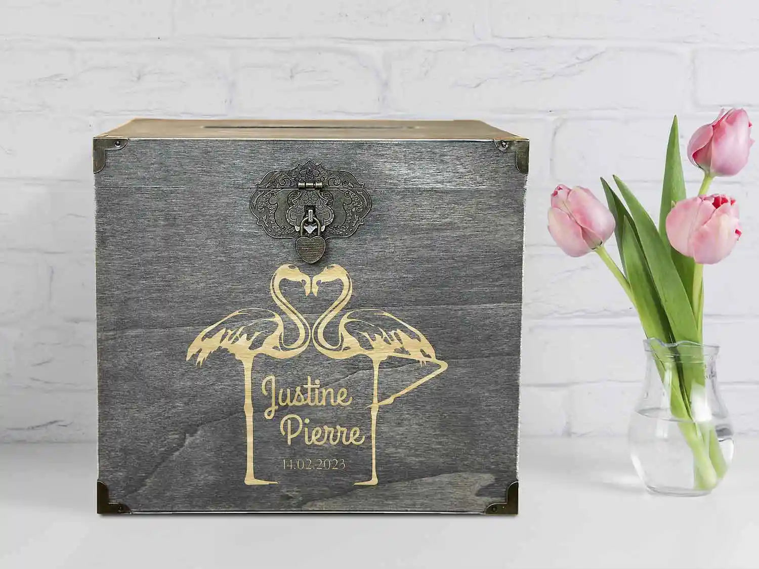 Urne mariage personnalisée gris rustique – Flamant rose