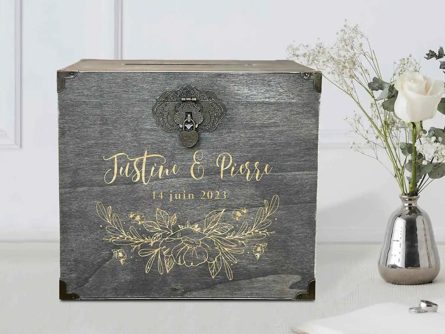 Urne mariage personnalisée gris rustique – Clipart coquelicot