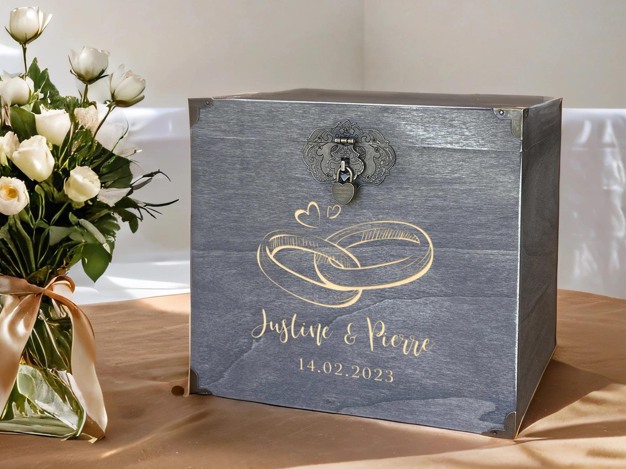 Urne mariage personnalisée, Gris rustique, Anneaux d'amour