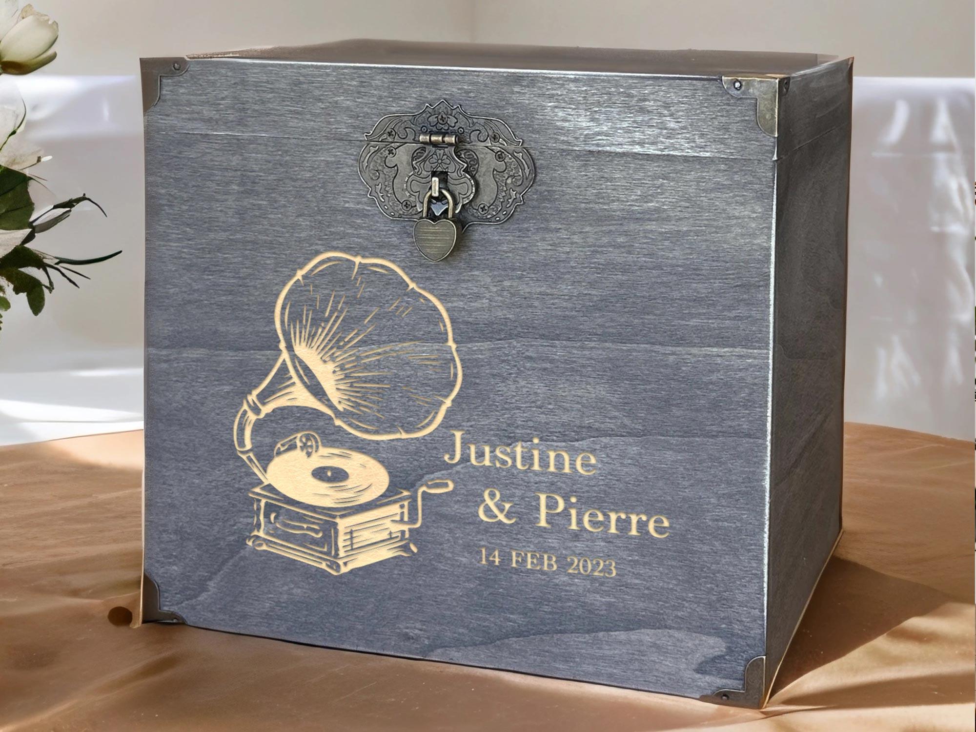 Urne mariage personnalisée, Gris rustique, Gramophone vintage