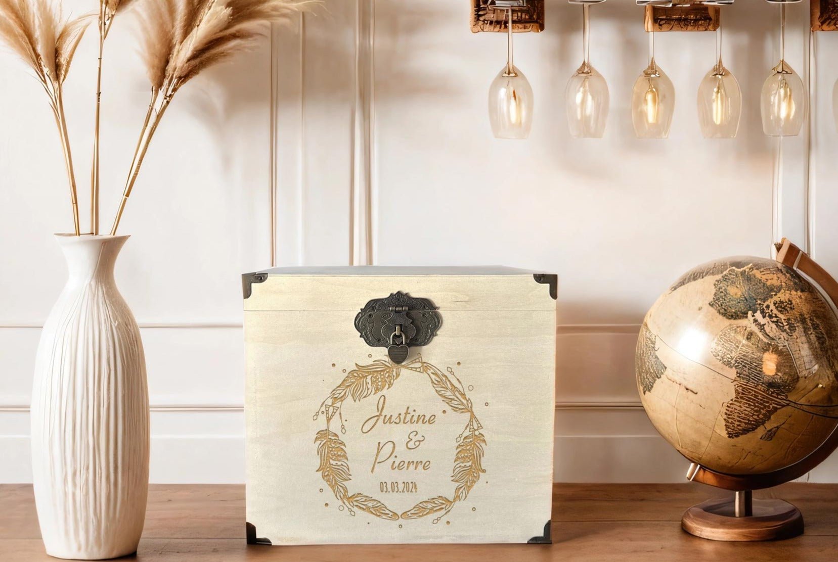 Urne mariage personnalisée, Peuplier, Plume bohème