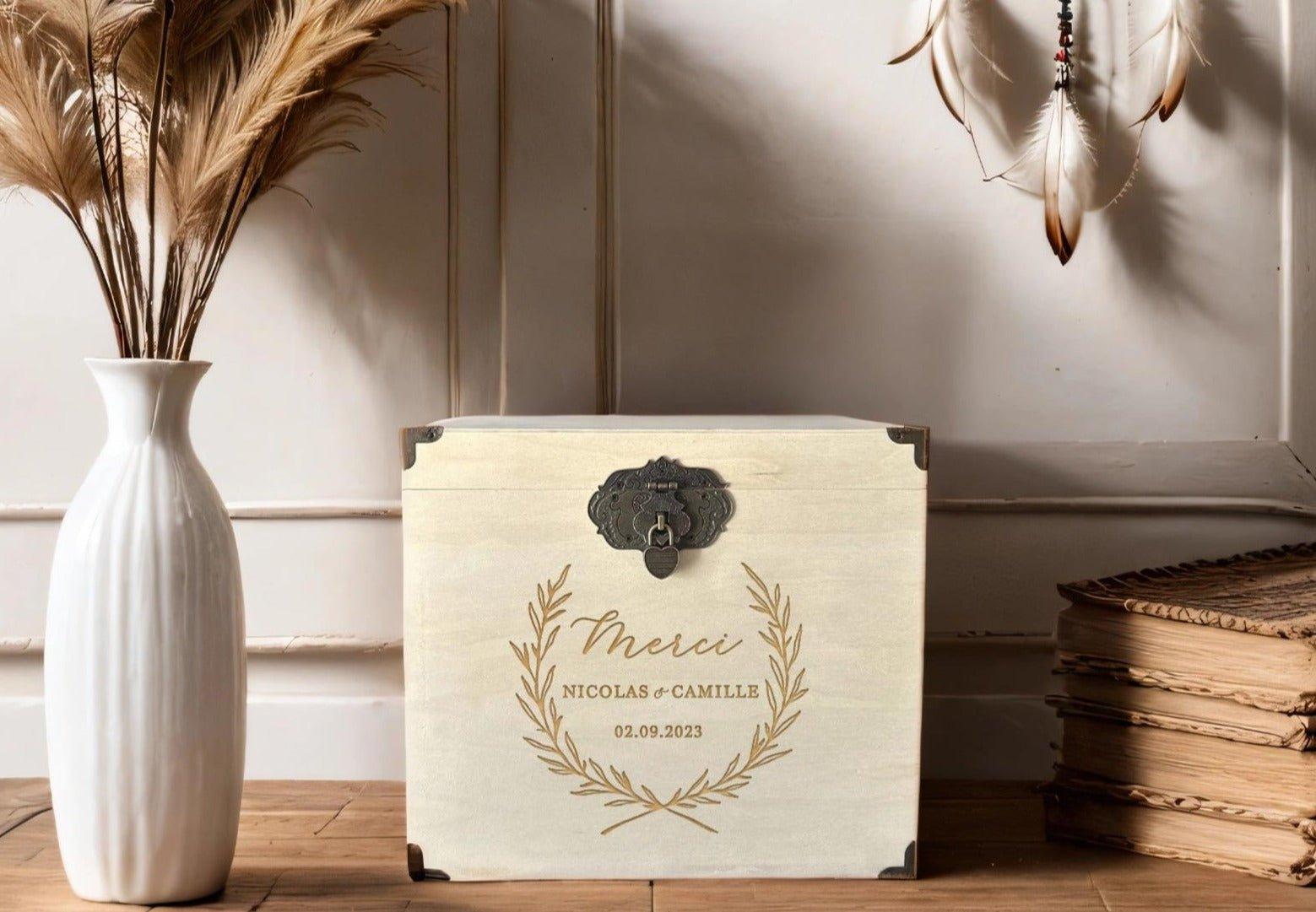 Urne mariage personnalisée, Peuplier, Couronne de feuille