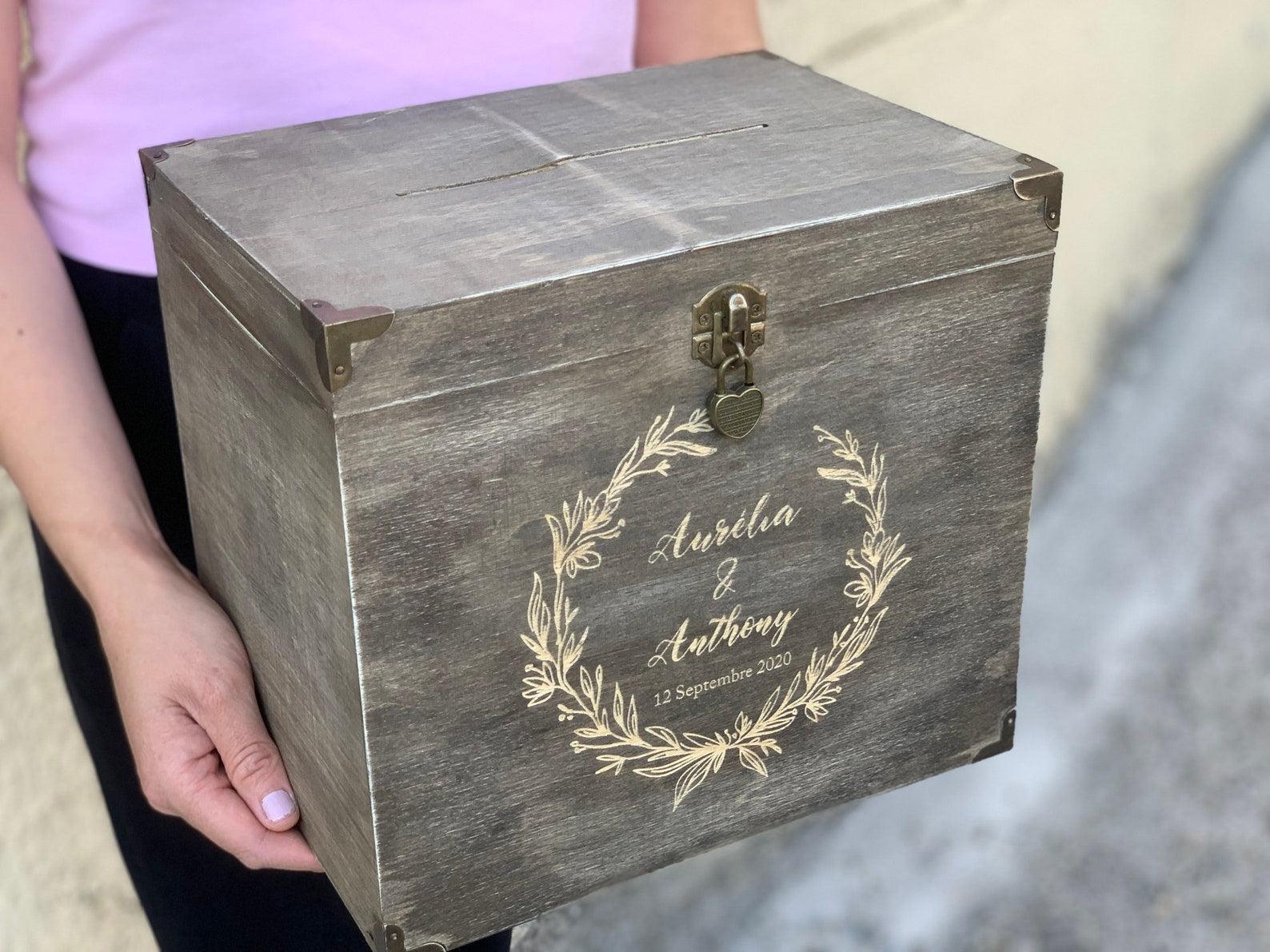 Urne Mariage En Bois Personnalisable - 32x18,8 Cm, Gravure Nom/logo, Pour Enveloppes Et Cagnotte - 7